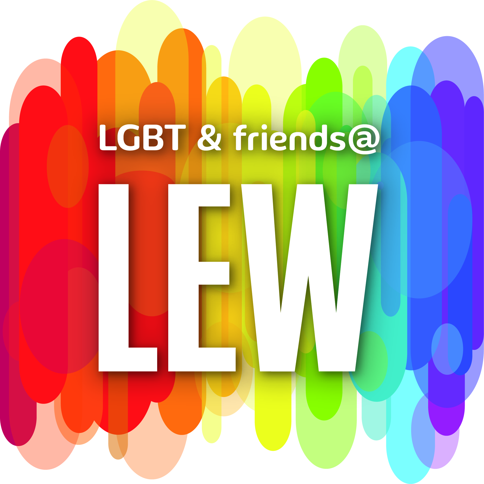 LEW LGBT and friends Logo: LEW hinterlegt mit einem Regenbogen